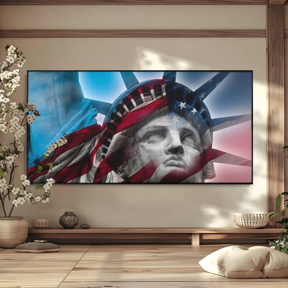 Tablou canvas cu statuia libertatii suprapusa cu steagul american, in rama de aluminiu negru